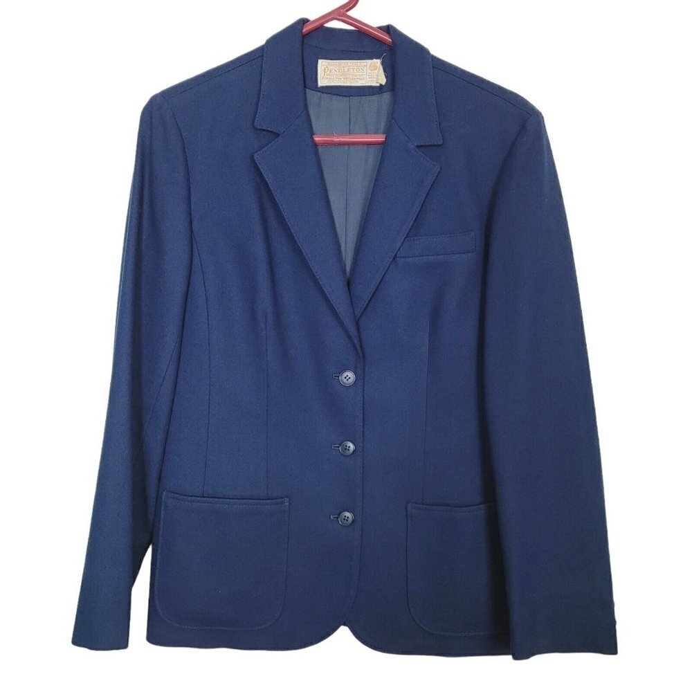 Vintage Late 1960s Pendleton Women's 3 Button Blazer Navy Blue Winter Wool Sz 10
